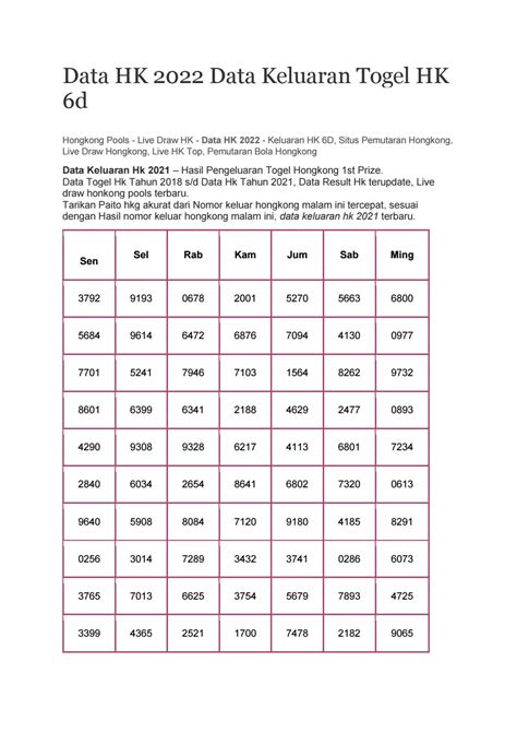 Data hk d  Data HK merupakan rangkuman salah satu data pengeluaran togel hongkong yang di sajikan atau kami tampilkan dalam bentuk tabel, Keluaran Hongkong / HK yang kami tampilkan di situs ini merupakan hasil keluaran hk yang kami berikan diambil langsung dari Hongkongpools