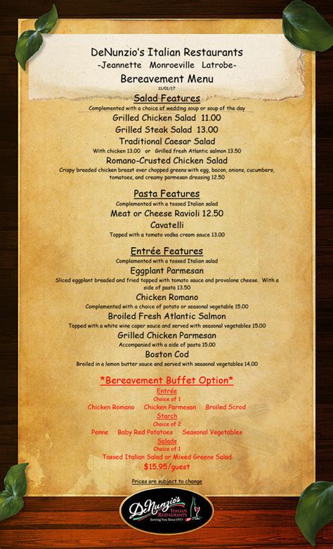 Denunzio's latrobe menu 95/guest