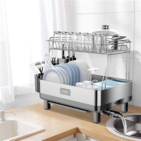 slhsy Large Dish Drying Rack for Kitchen Counter, Durable Stainless Steel  Expandable Dish Rack, Space Saving Dish Drainer with Drainboard Set,Wine