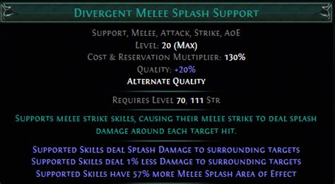 Divergent melee splash  10% less damage 45% more attack speed 3 attacks (100+122+144 = 122 avg) total avg multiplier: 59
