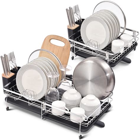  Kitsure Large Dish Drying Rack - Extendable Dish Rack,  Multifunctional Dish Rack for Kitchen Counter, Anti-Rust Drying Dish Rack  with Cutlery & Cup Holders 27 L x 12.9 W, Black