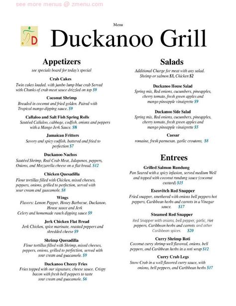 Duckanoo menu  If hungry, come here for tasty bread pudding and nicely cooked tostones