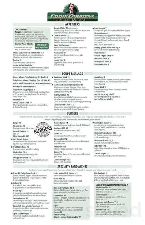 Eddie o'briens grille and bar farmington menu  Phone (315) 789-7999 We honor American Express, Visa, MasterCard and Discover