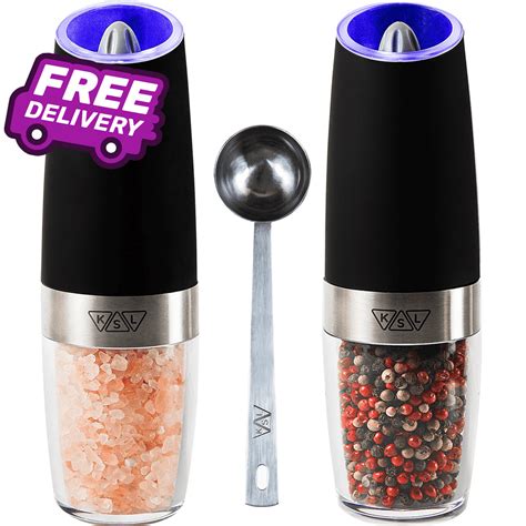 PwZzk Battery Operated Gravity Electric Salt and Pepper Grinder Mill Set with White Light Stainless Steel One Hand Automatic Operation Refillable