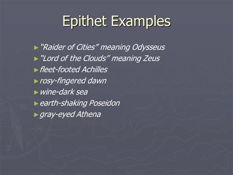 Epitheton examples  Virgil’s epic poem The Aeneid documents the founding of Rome by a Trojan