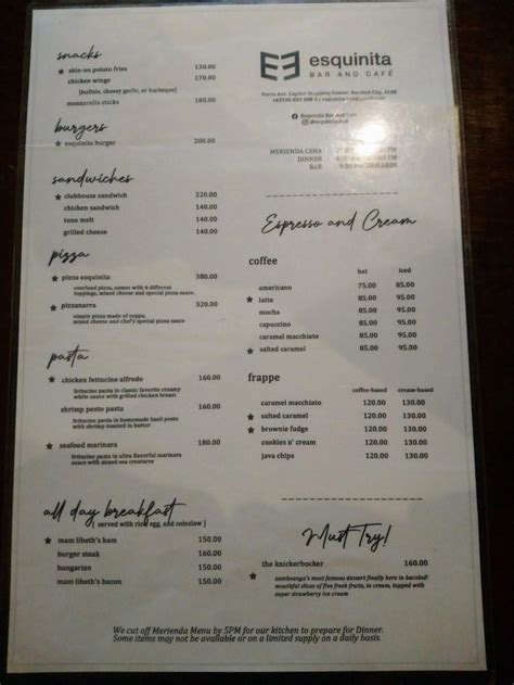 Esquinita bar and café menu  Address