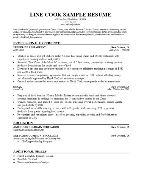 Examples of line cook resumes  [email] Job Objective Seeking a Pizza Cook position in an organization where I can apply my experience and efficiently contribute to