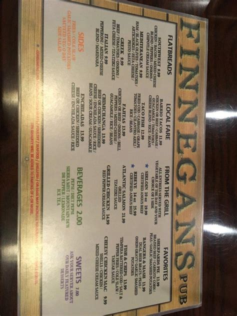 Finnegan's pub menu  The menu offers a variety of pub food, from burgers and flatbreads to fish and chips, tacos, and steak entrees