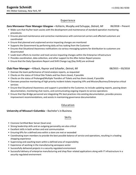 Floor manager resume  Created annual budgets