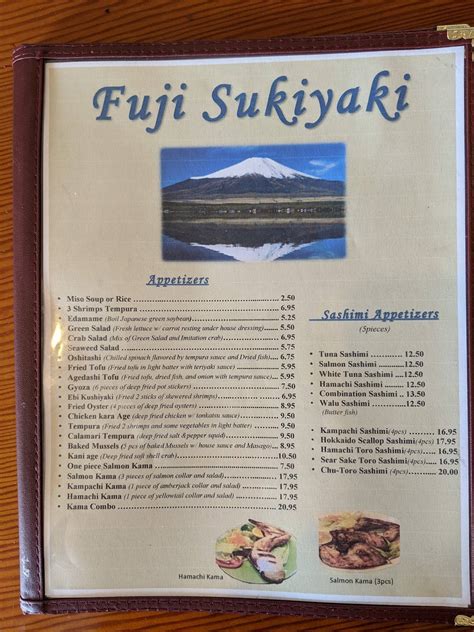 Fuji sukiyaki menu  Sukiyaki traditional family recipe including sliced ribeye, mushrooms, tofu and vegetables simmered in fuji-yas special sukiyaki sauce
