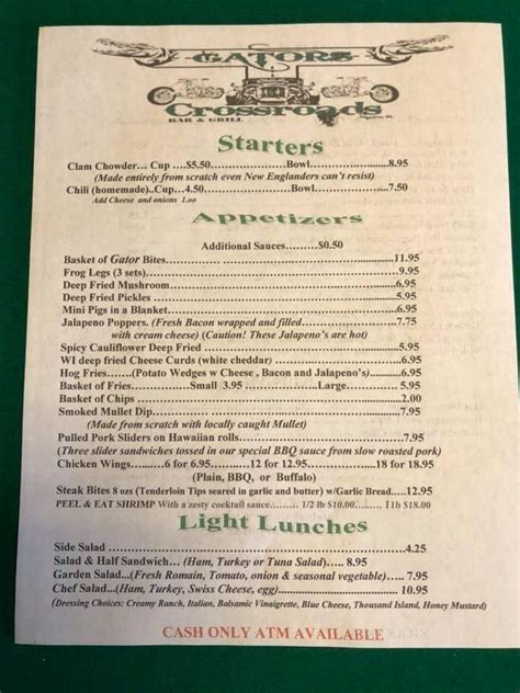 Gators crossroads menu  Starters Salads Sandwiches Entrees Dessert