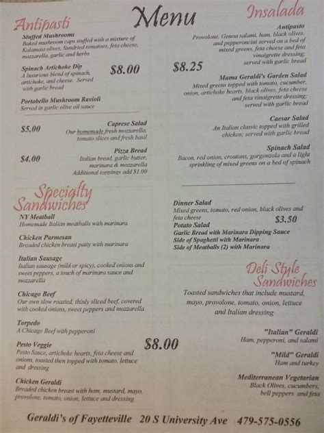 Geraldi's menu We have a great selection of pasta, sandwiches, salads, and calzones for any and all tastes