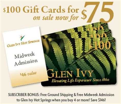 Glen ivy gift cards costco Get a $500 Glen Ivy gift card for $425 and free shipping and receive free shipping! Price: $425