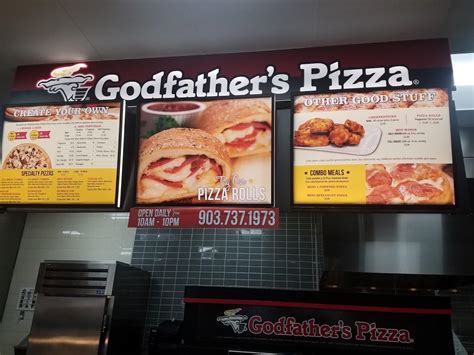 Godfathers pizza denver  When compared to other restaurants, Godfather's Pizza is inexpensive, quite a deal in fact! Depending on the pizza, a variety of factors such as geographic location, specialties, whether or not it is a chain can influence the type of menu items available