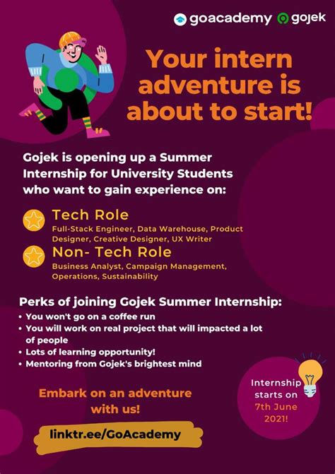 Gojek internship 2020 Internship for fresh graduates, collage students, and high school / vocational high school students to develop self-competence in the company and contribute directly to the world of work Internship is one of the programs of Toyota-Astra Motor that was formed to develop students, students or graduates from high school, D3, or S1 / S2 degree