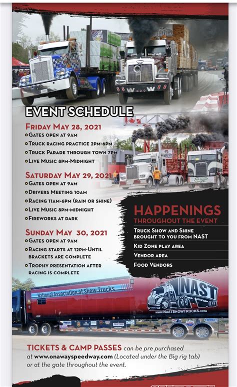 Great lakes big rig challenge 2024 schedule  Big Rig Challenge event promotor Mike The 2023 Great Lakes Big Rig Challenge is getting ready to roll into Onaway Speedway in Onaway, Michigan, May 26-28