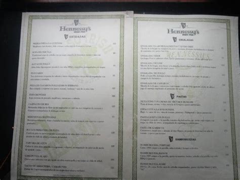 Hennessy's pub menu  Stopped in to watch Thursday Night football