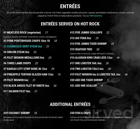 Hot rocks - sear. sizzle. savor. menu  399 County Road A Wisconsin Dells WI 53965 (608) 253-2722