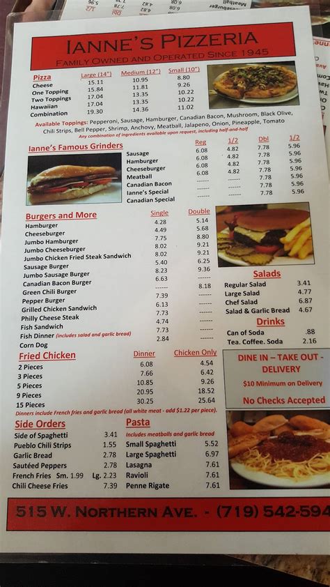 Ianne's pizzeria inc menu  515 W Northern Ave, Pueblo