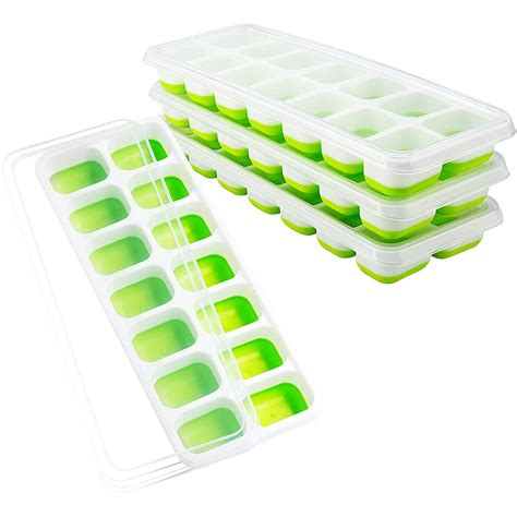 DOQAUS Ice Cube Trays 4 Pack, Easy-Release Silicone and Flexible 14-Ice Cube Maker with Spill-Resistant Removable Lid, Lfgb Certified and BPA Free