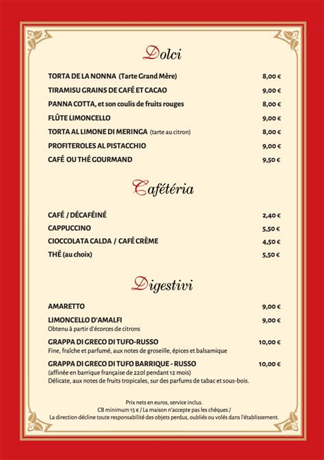 Il pizzico menu with prices  Most desserts are home made as well