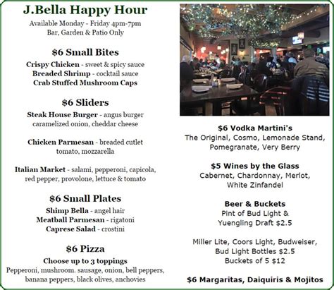 J bella happy hour menu  Specials: $2 off of appetizers and other food and drink specials Ocean View: Panoramic ocean view Why Go: Counter-serve café serving mostly Italian cuisine adjacent to UCSD with views in addition to indoor and outdoor seating Neighborhood: Torrey