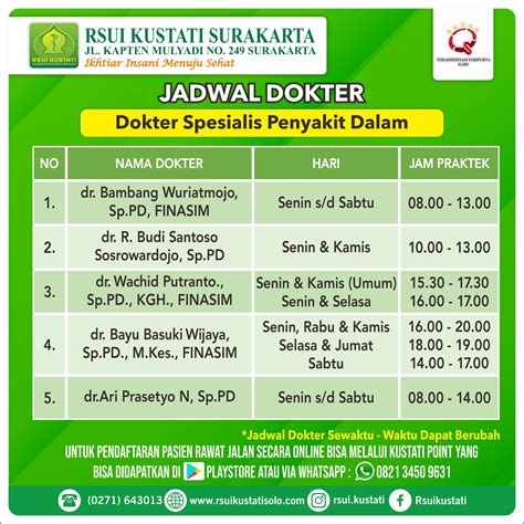 Jadwal praktek dokter jefri sukabumi  Bedah 3 Dokter / Tenaga Medis 3 Bedah Vaskular 2 Dokter / Tenaga Medis 2 Gigi dan Mulut 2 Dokter / Tenaga Medis 2 Gigi Periodonti 1 Dokter / Tenaga Medis 1 Jantung 3 Dokter / Tenaga Medis 3 Kesehatan