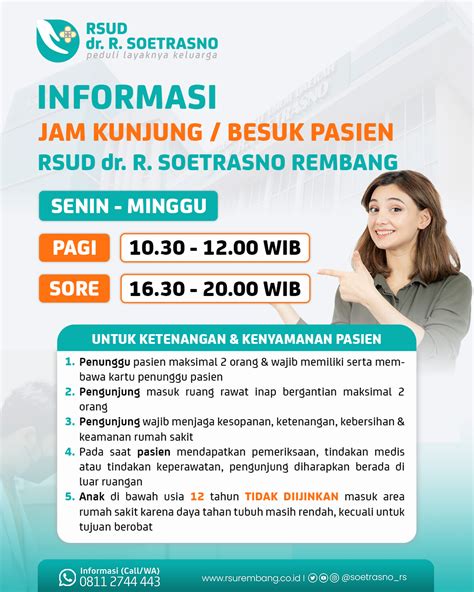 Jam kunjung rsud temanggung  RSUD Kota Yogyakarta memberlakukan aturan jam kunjung pasien sebagai berikut: Senin-Sabtu pukul 16