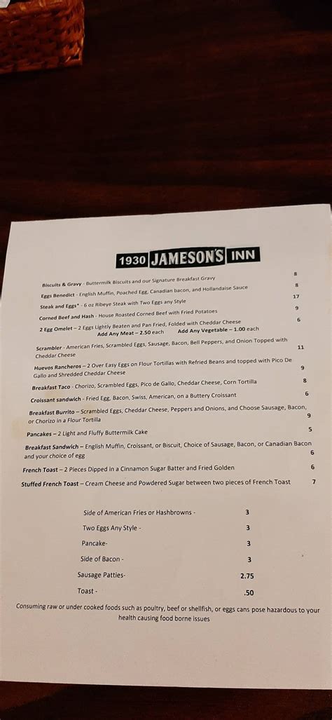 Jameson's 1930 inn menu  Jameson’s Charhouse is a local steakhouse in Okatie, SC