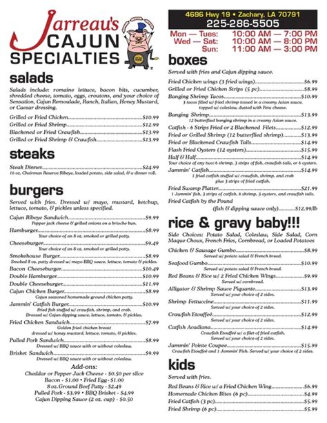 Jarreau's cajun specialties menu  Cajun