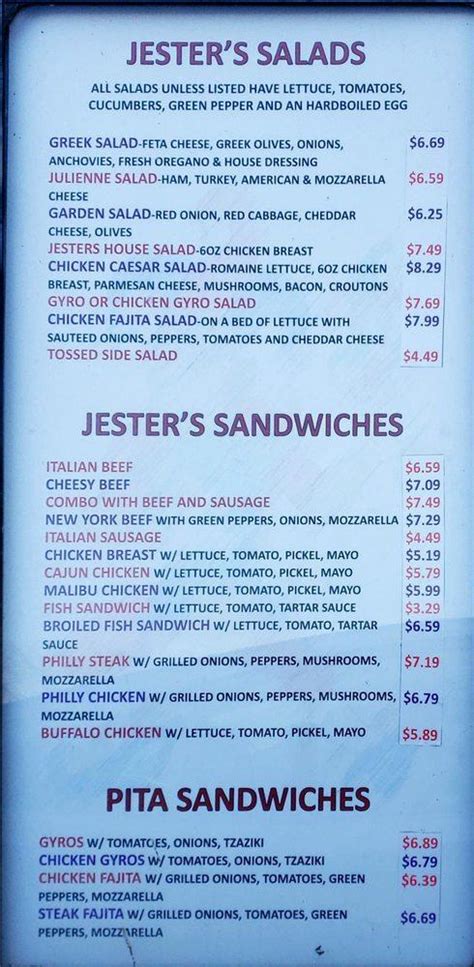 Jester's fast food menu  Bring Fido with you while you enjoy a meal at one of the four umbrella-shaded tables on the patio