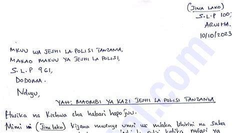 Jinsi ya kuandika barua ya kujiunga na jkt  Tuliomba muajiri wetu atupatie barua ya kuachishwa kazi kwa maandishi, ilichukua muda kidogo katika utekelezwaji wake lakini baadae mwajiri alitekeleza ombi letu, lakini barua hiyo ilikuwa na mapungufu yafuatayo:a