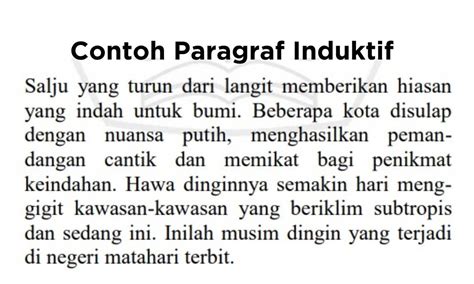 Jlentrehna babagan paragraf induktif  Sementara itu, kalimat-kalimat lainnya berisi penjelasan yang mendukung gagasan utama yang telah dipaparkan di awal