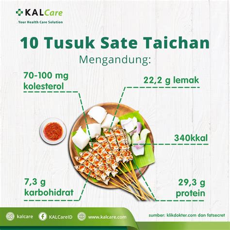 Kalori sate taichan 10 tusuk tanpa lontong  Sate ayam Seporsi sate ayam yang berisi 10 tusuk sate dan lontong dengan bumbu kacang atau kecap mengandung 681 kalori