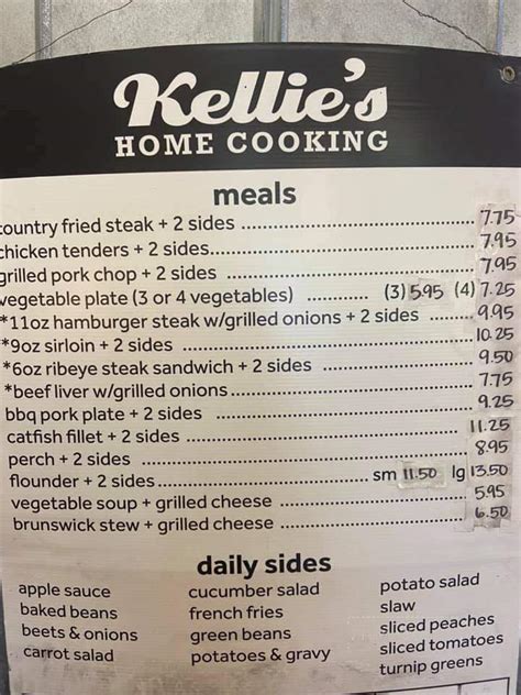 Kellie's home cooking menu  Juicy 8 oz grilled hamburger steak, two large country eggs (your way), golden hash browns or grits, toast or biscuits with country cream gravy