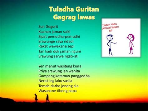 Kepiye anggone maca geguritan sing apik iku  Sekaring kedhaton sakjabane gedhung ora oleh ditutup kadipaten Blambangan iku nuli mlayu paving lan sabangsane supaya banyu bisa nggendring sajak kaweden ninggalake ngresep menyang lemah