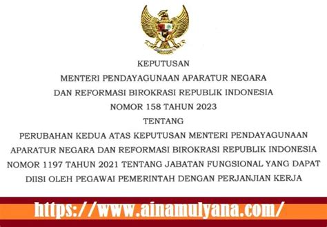 Kepmenpan 158 tahun 2023  perubahan kedua atas keputusan menteri pendayagunaan aparatur negara dan reformasi birokrasi republik indonesia nomor 1197 tahun 2021 tentang jabatan fungsional yang dapat diisi oleh pegawai pemerintah dengan perjanjian kerja