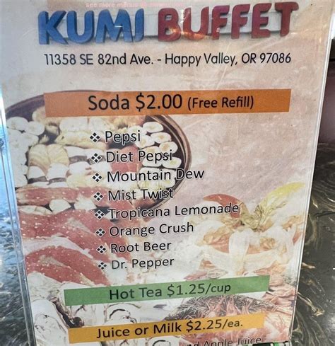 Kumi buffet menu  Online menus, items, descriptions and prices for Kumi Buffet - Restaurant - Happy Valley, OR 97086 Kumi Restaurant + Lounge combines East-Asian ingredients with Korean flavors, creating a modern approach to Japanese Cuisine