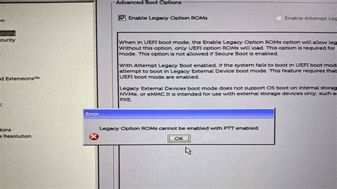 Legacy option roms cannot be enabled with ptt enabled  5) Other Options -> BIOS Setup
