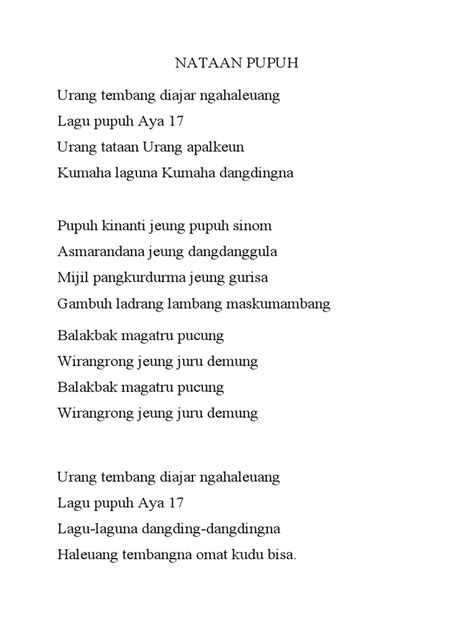 Lirik kawih nataan pupuh About Press Copyright Contact us Creators Advertise Developers Terms Privacy Press Copyright Contact us Creators Advertise Developers Terms PrivacyMengutip dari buku Wawacan: Sebuah Genre Sastra Sunda karya Ruhaliah (2018:30), ciri utama pada lirik lagu pupuh maskumambang adalah berisi tentang sakit (nyer), nelangsa, dan juga pedih (peurih)