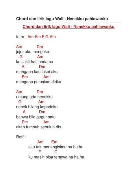 Lirik nenekku pahlawanku chord  Baca juga: Chord Nenekku Pahlawanku - Wali: Aku Tak Menangisimu, Ku Masih Bisa Tertawa