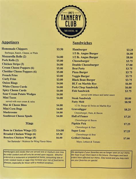 Lonz's tannery club menu  3015 Tannery Rd, Two Rivers, WI 54241-1600