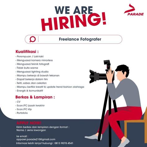 Lowongan kerja fotografer freelance Search for jobs related to Lowongan kerja fotografer surabaya freelance or hire on the world's largest freelancing marketplace with 22m+ jobs