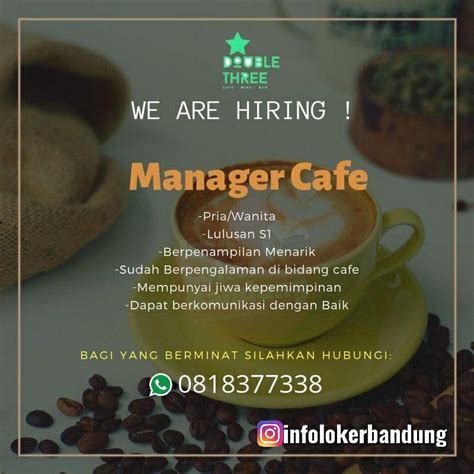 Lowongan kerja malam di cafe bandung  Ada perusahaan yang sedang membuka kesempatan lowongan kerja Shift Malam, Part Time, Sma, Barista, Cleaning Service, Office Boy/girl dan banyak lagi di daerah Bandung melalui Indeed