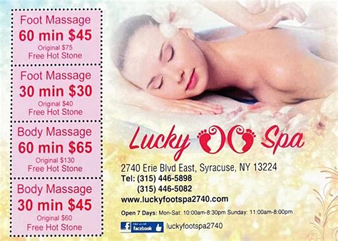 Lucky foot spa syracuse  Lucky Foot &Spa can be contacted via phone at (360) 922-7431 for pricing, hours and directions