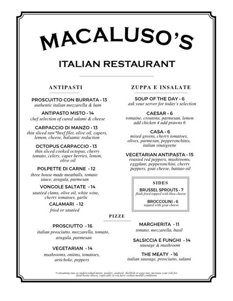 Macaluso's italian restaurant menu  English 