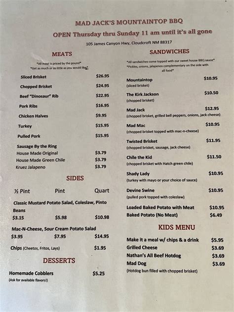 Mad jack's mountaintop barbecue menu  I've been back a handful of times since