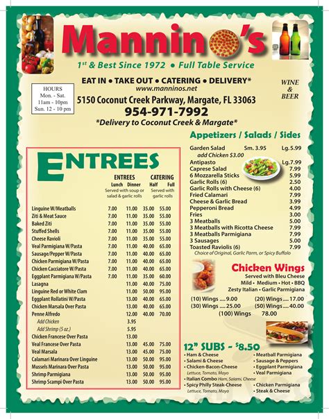Mannino's menu with prices Mannino's Italian Bistro, 4402 Princess Anne Rd, Ste 107, Virginia Beach, VA 23462, Mon - 5:00 pm - 10:00 pm, Tue - 5:00 pm - 10:00 pm, Wed - 5:00 pm - 10:00 pm, Thu - 5:00 pm - 10:00 pm, Fri - 5:00 pm - 11:00 pm, Sat - 5:00 pm - 11:00 pm, Sun - Closed