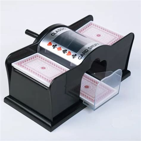 Manual card shuffler  It is often equipped with some type of handle that you turn to feed cards through and shuffle them