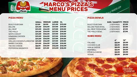 Marco's pizza 1251  And don't forget to check out the appetizers, like antipasto and chicken Caesar salads, or the popular Cheezy bread